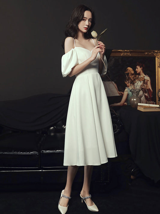 Simple white sweetheart neck short prom dress, white bridesmaid dress