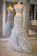Gray tulle lace mermaid long prom dress, gray evening dress