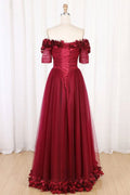 Burgundy tulle off shoulder long prom dress burgundy evening dress