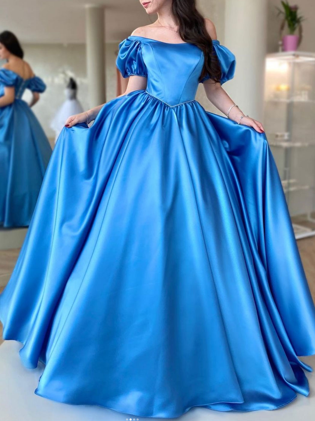 Blue Satin Long Prom Dress, A Line Long Blue Graduation Dresses