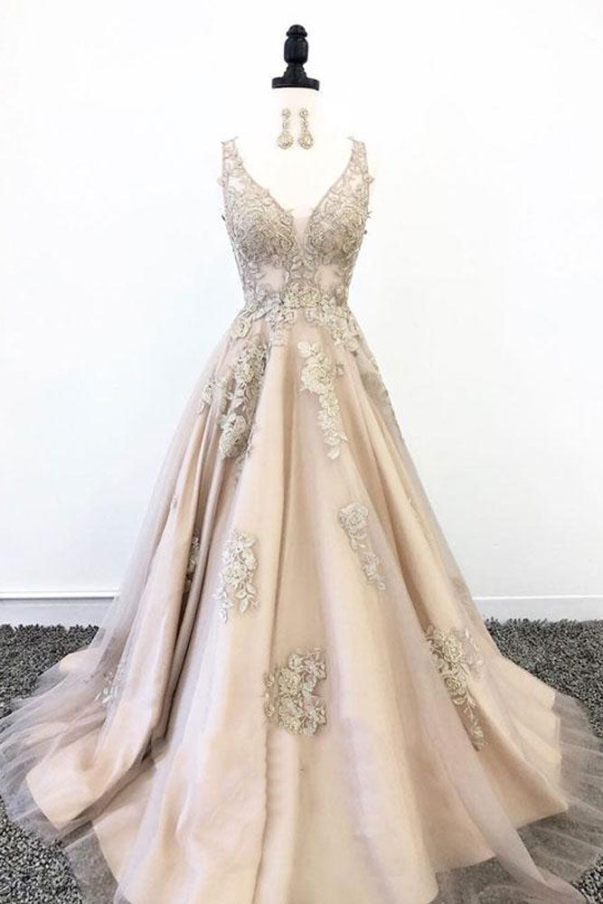 Champagne v neck tulle lace long prom dress, tulle lace evening dress