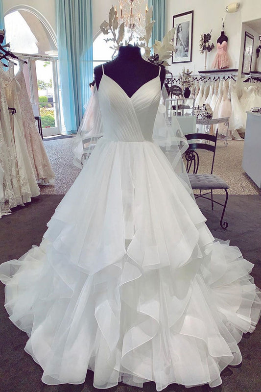 White v neck tulle long prom dress, white wedding dress