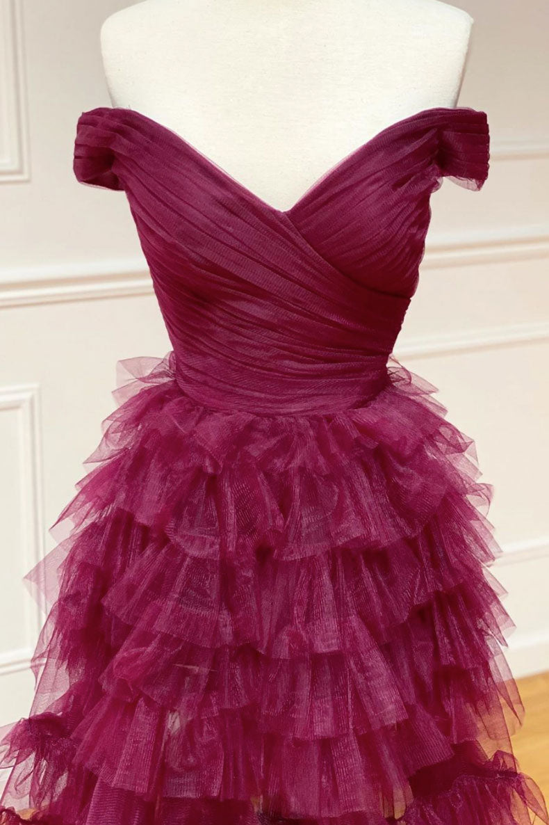 Burgundy sweetheart off shoulder tulle long prom dress tulle formal dress