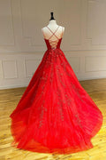 Red tulle lace long prom dress lace tulle formal dress