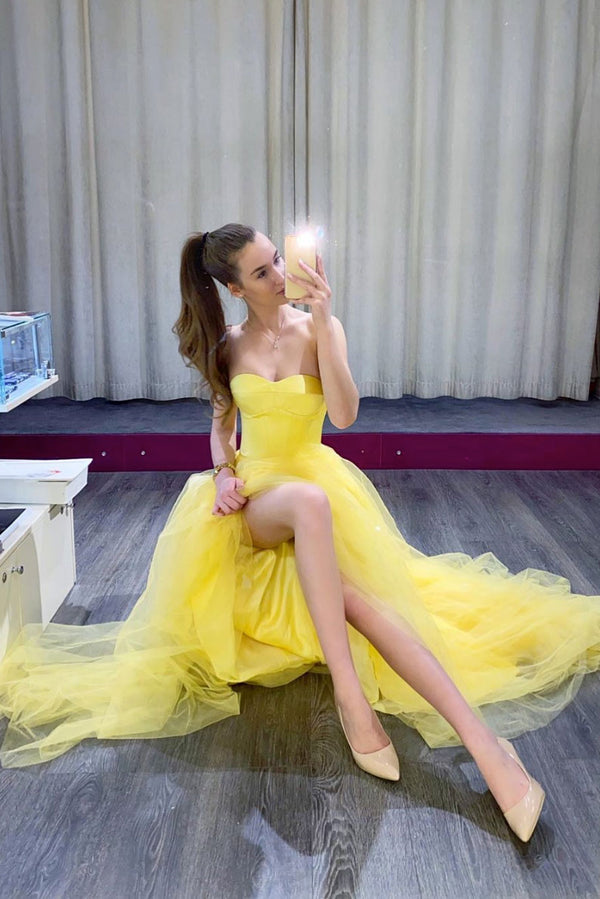 Yellow tulle long prom dress simple yellow formal dress