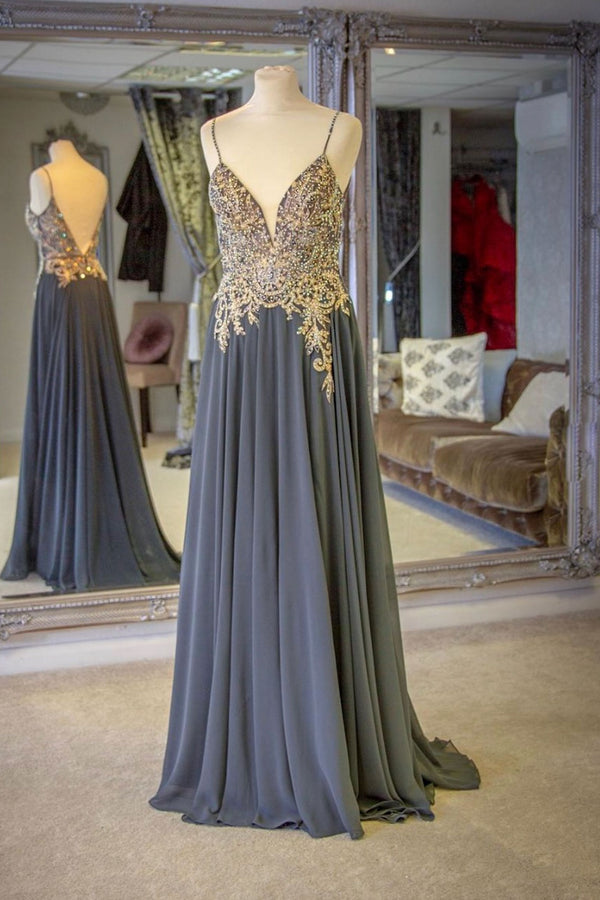 Charcoal gray lace beads chiffon long prom dress, evening dress