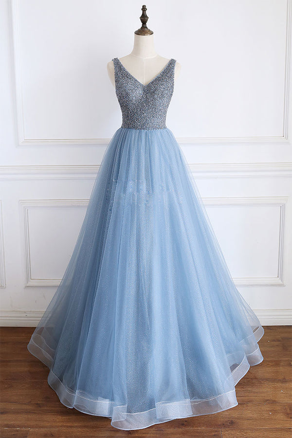 Blue v neck beads sequin tulle long prom dress, blue evening dress