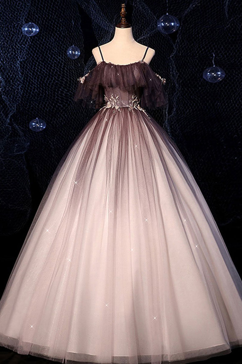 Coffee one shoulder tulle long prom gown, coffee tulle formal dress