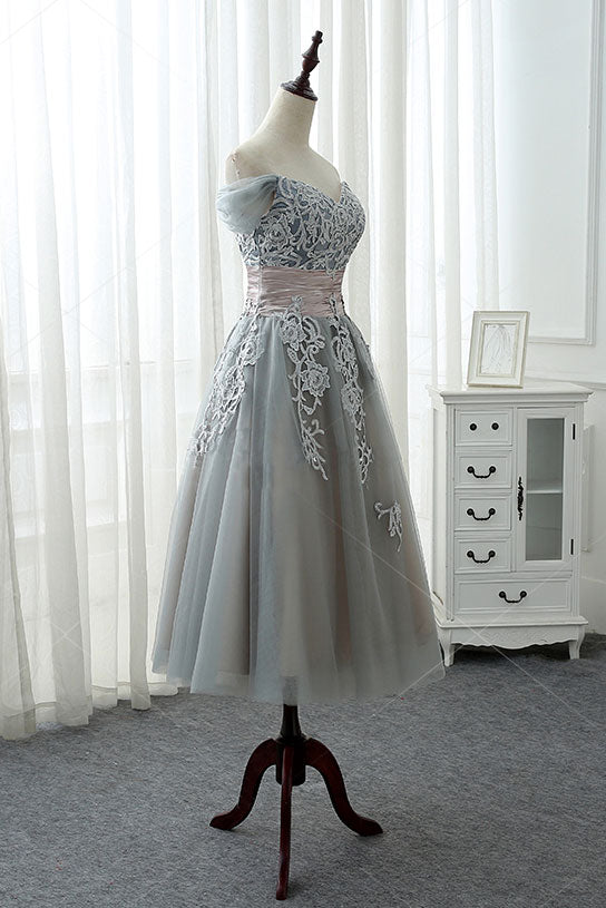 Gray lace tulle prom dress, gray lace evening dress