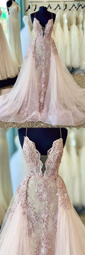 Pink v neck lace tulle long prom dress, pink tulle lace formal dress