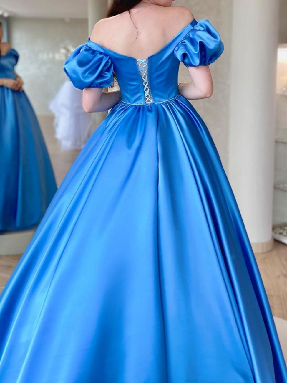 Blue Satin Long Prom Dress, A Line Long Blue Graduation Dresses