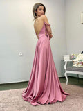 Simple A line satin long pink prom dress, pink evening dress