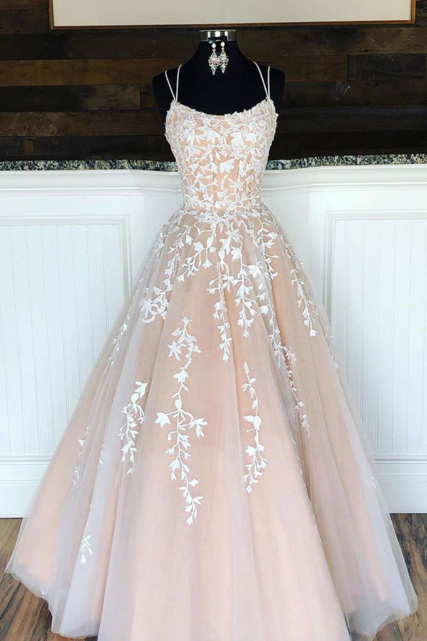 Champagne tulle lace long prom dress, champagne tulle evening dress