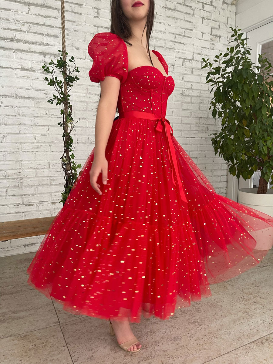 Red tulle tea length  prom dress, tulle bridesmaid dress
