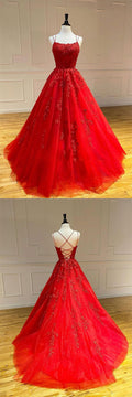 Red tulle lace long prom dress lace tulle formal dress