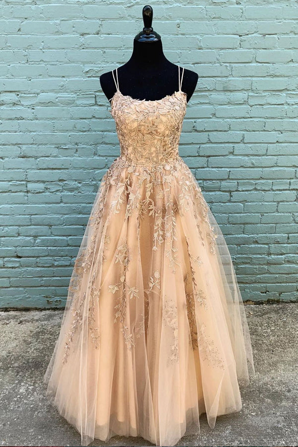 champagne tulle lace long prom dress, champagne evening dress