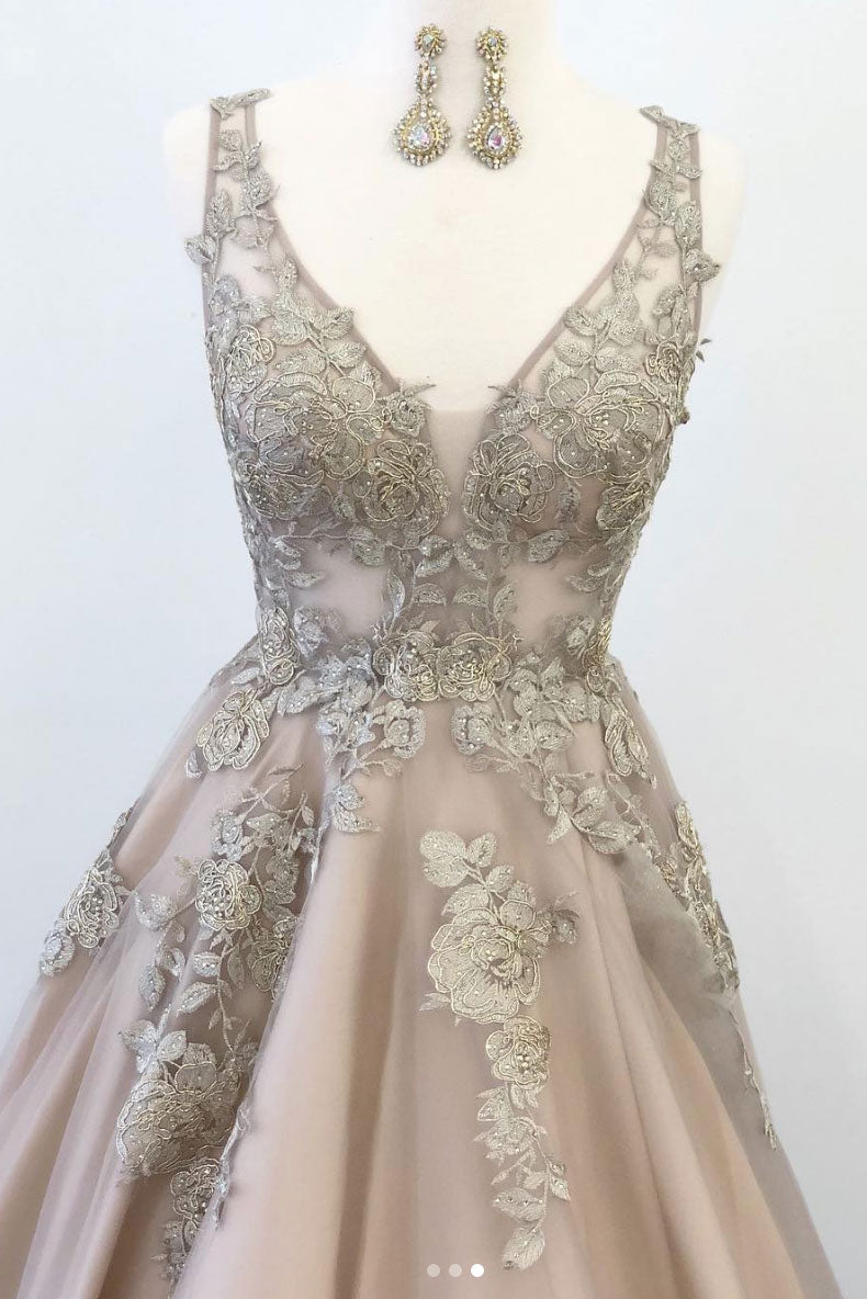 Champagne v neck tulle lace long prom dress, tulle lace evening dress