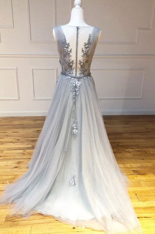 Gray v neck tulle lace long prom dress gray lace long evening dress