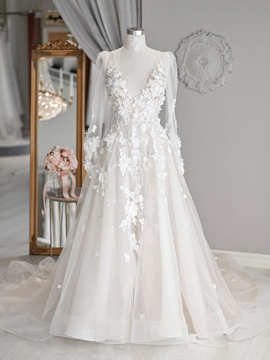 Ivory v neck tulle lace long wedding dress, lace beach wedding dress