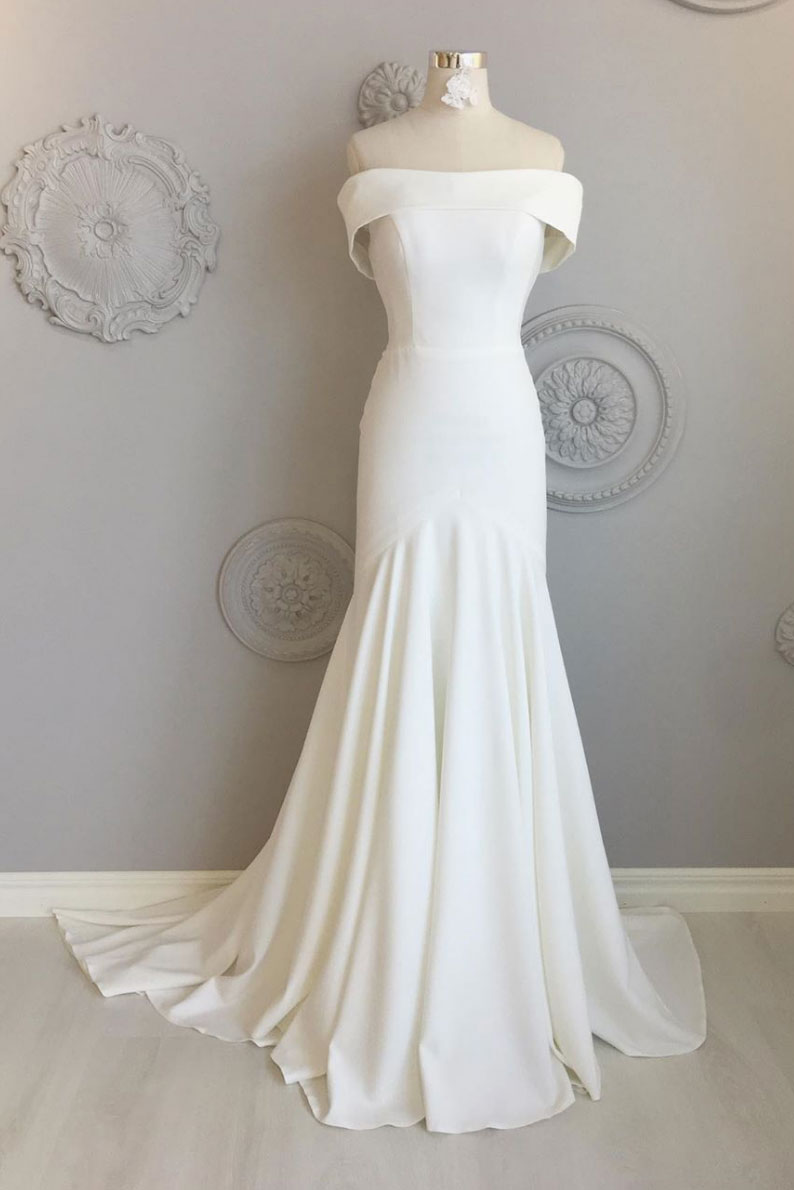 Simple white long prom dress, white long evening dress