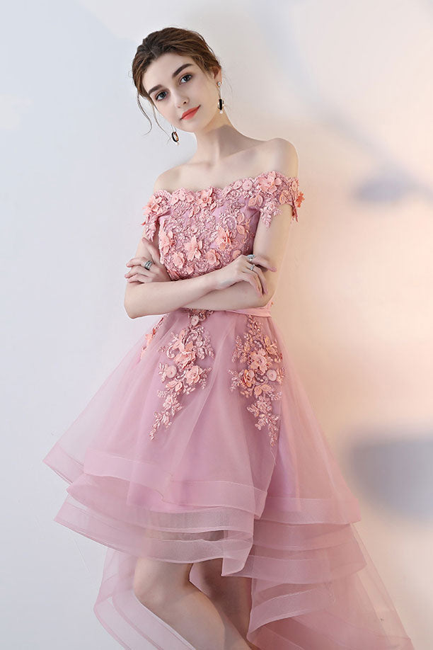 Pink tulle lace off shoulder short prom dress pink homecoming dress