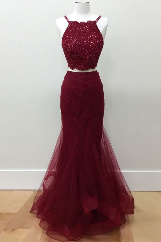 Burgundy two pieces lace long prom dress, burgundy evening dress