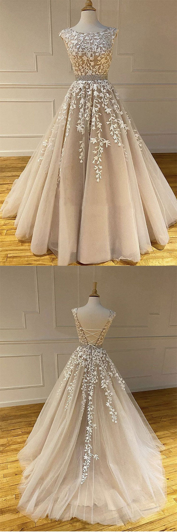 Champagne round neck tulle lace long prom dress lace formal dress dresstby Champagne round neck tulle lace long prom dress lace formal dress dresstby
