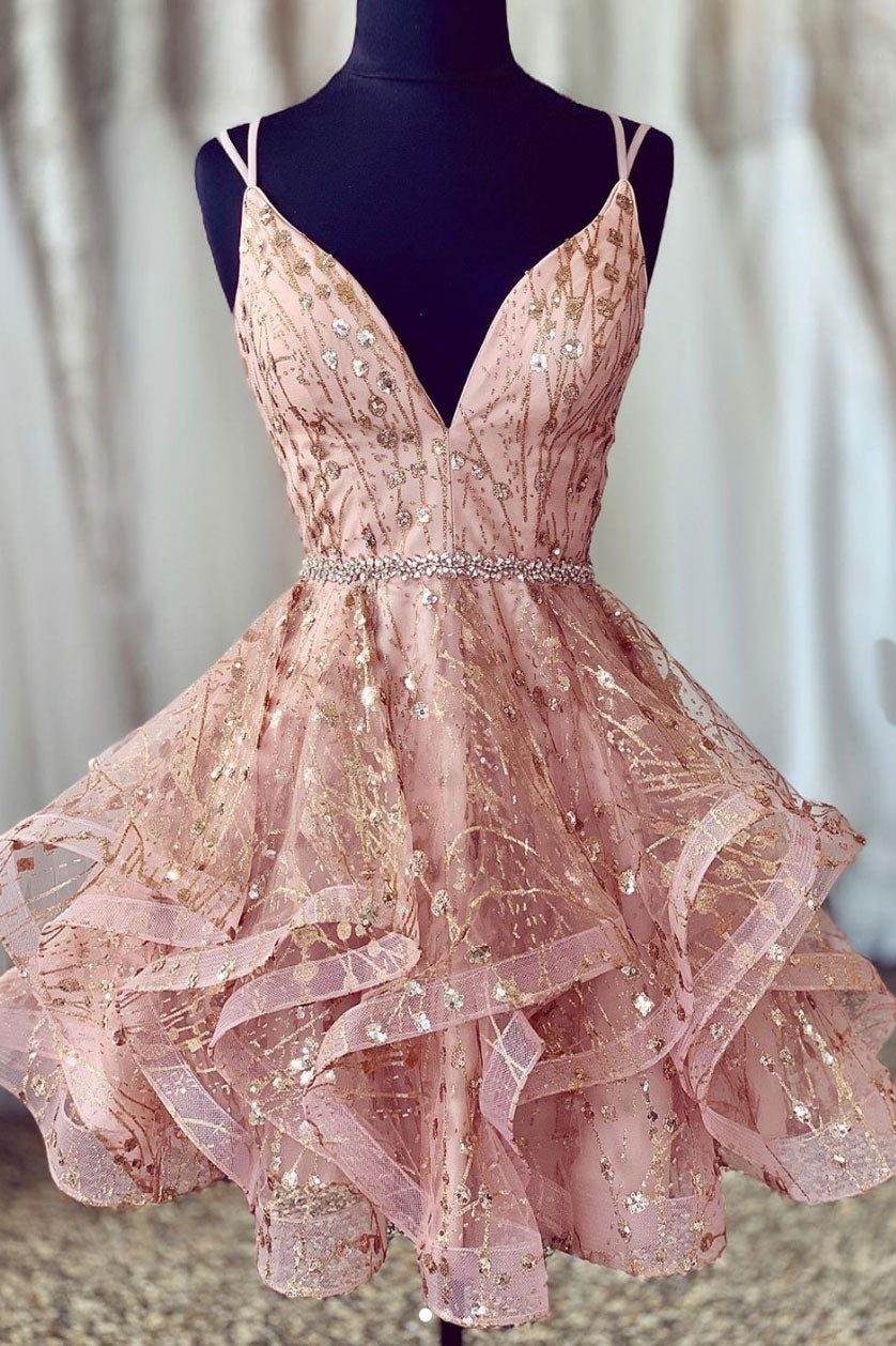 Unique pink tulle short prom dress, pink tulle homecoming dress
