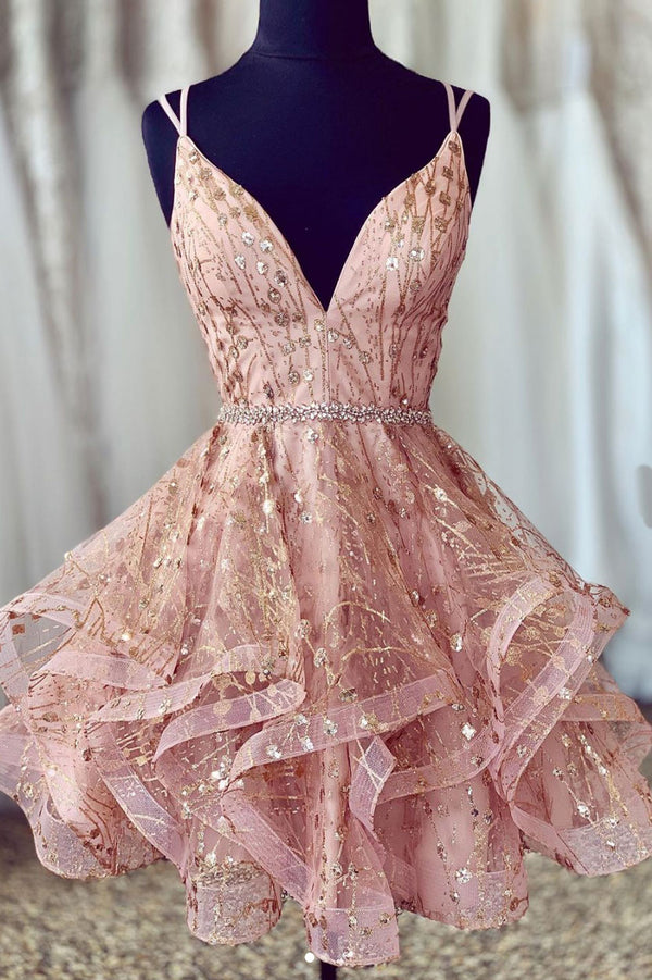 Unique pink tulle short prom dress, pink tulle homecoming dress