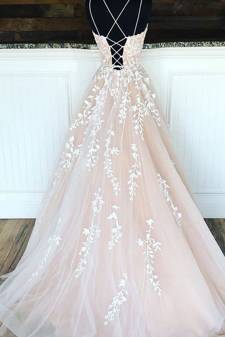 Champagne tulle lace long prom dress, champagne tulle evening dress