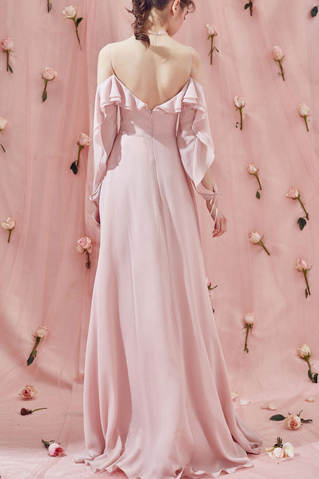 Simple pink chiffon long prom dress pink formal dress