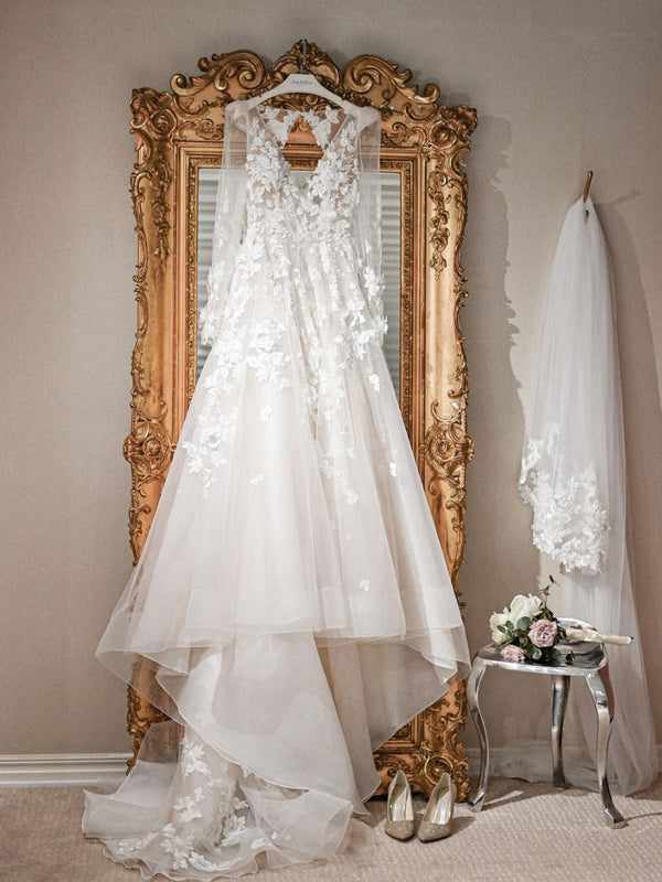 Ivory v neck tulle lace long wedding dress, lace beach wedding dress