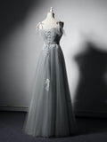 Simple gray tulle lace long prom dress, gray tulle formal dress