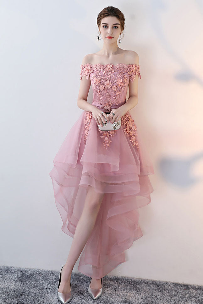 Pink tulle lace off shoulder short prom dress pink homecoming dress
