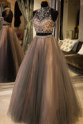 Gray high neck tulle lace long prom dress, gray evening dress