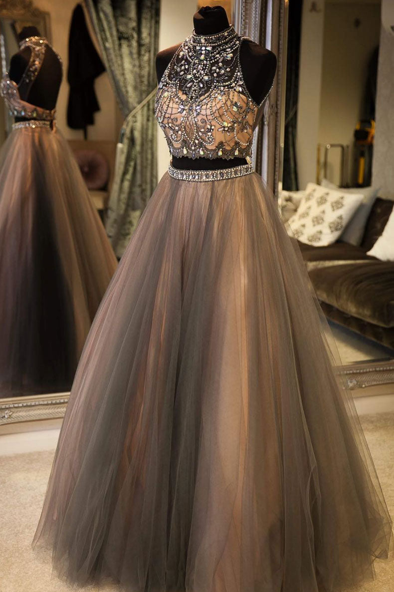 Gray high neck tulle lace long prom dress, gray evening dress