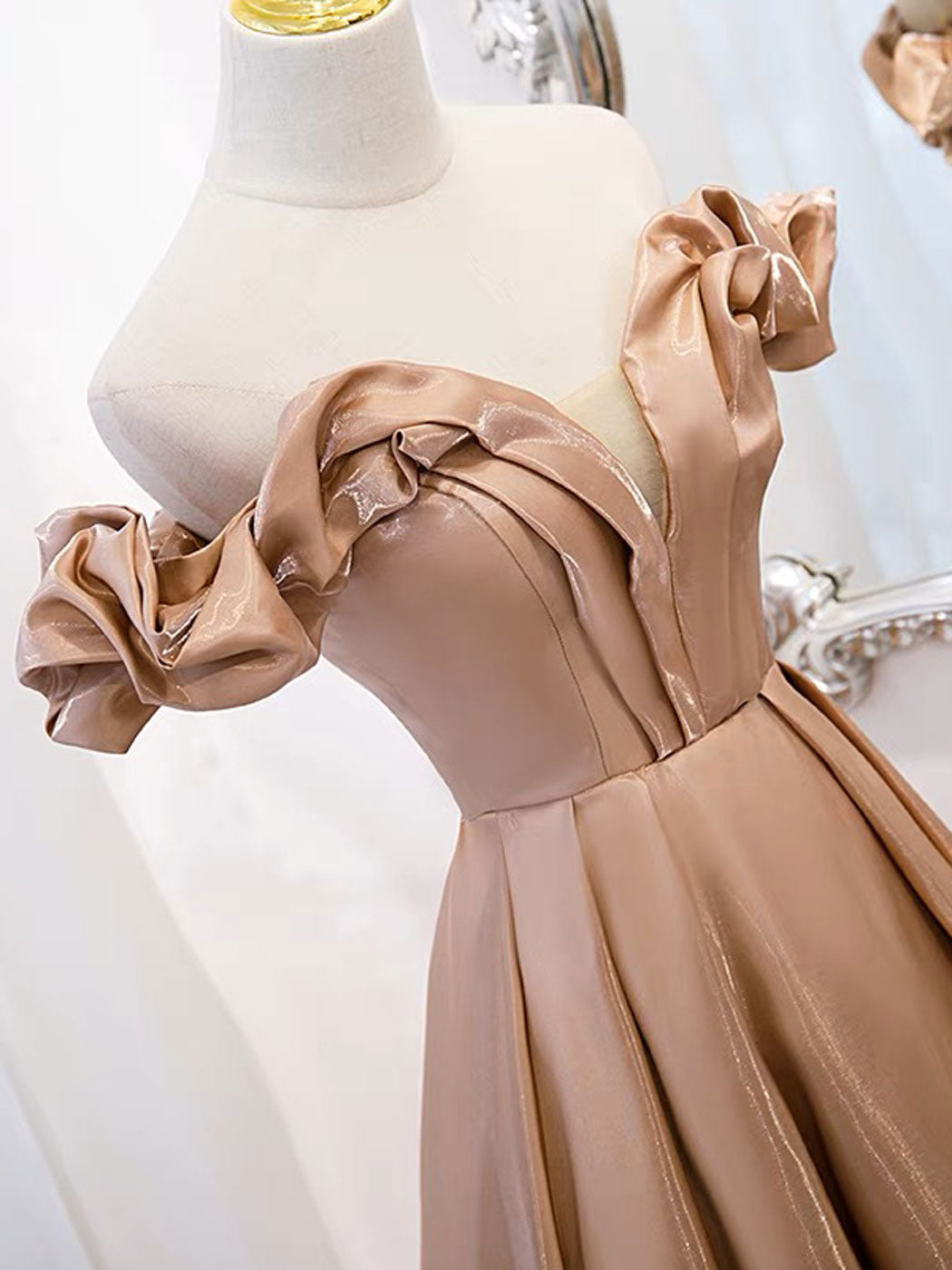 A-Line Off Shoulder Satin Champagne Long Prom Dress, Champagne Formal