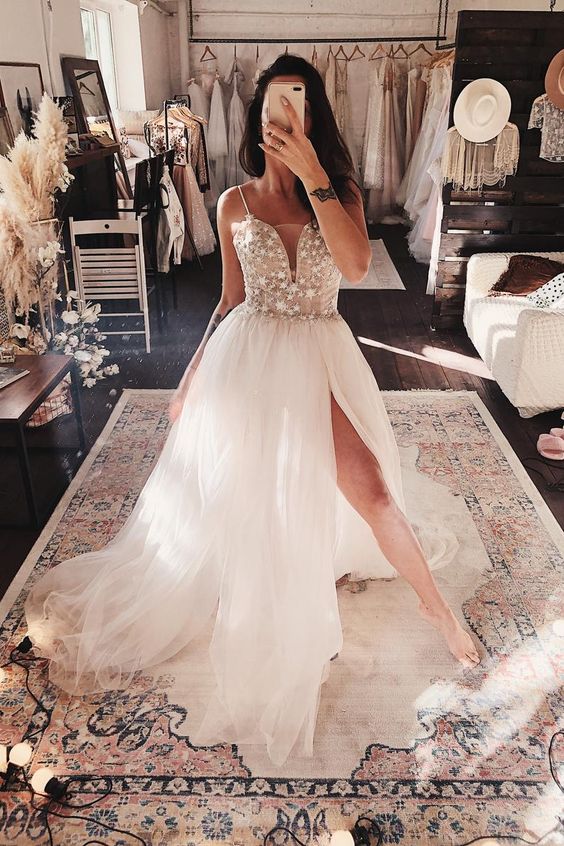 White v neck tulle lace long prom dress white tulle formal dress