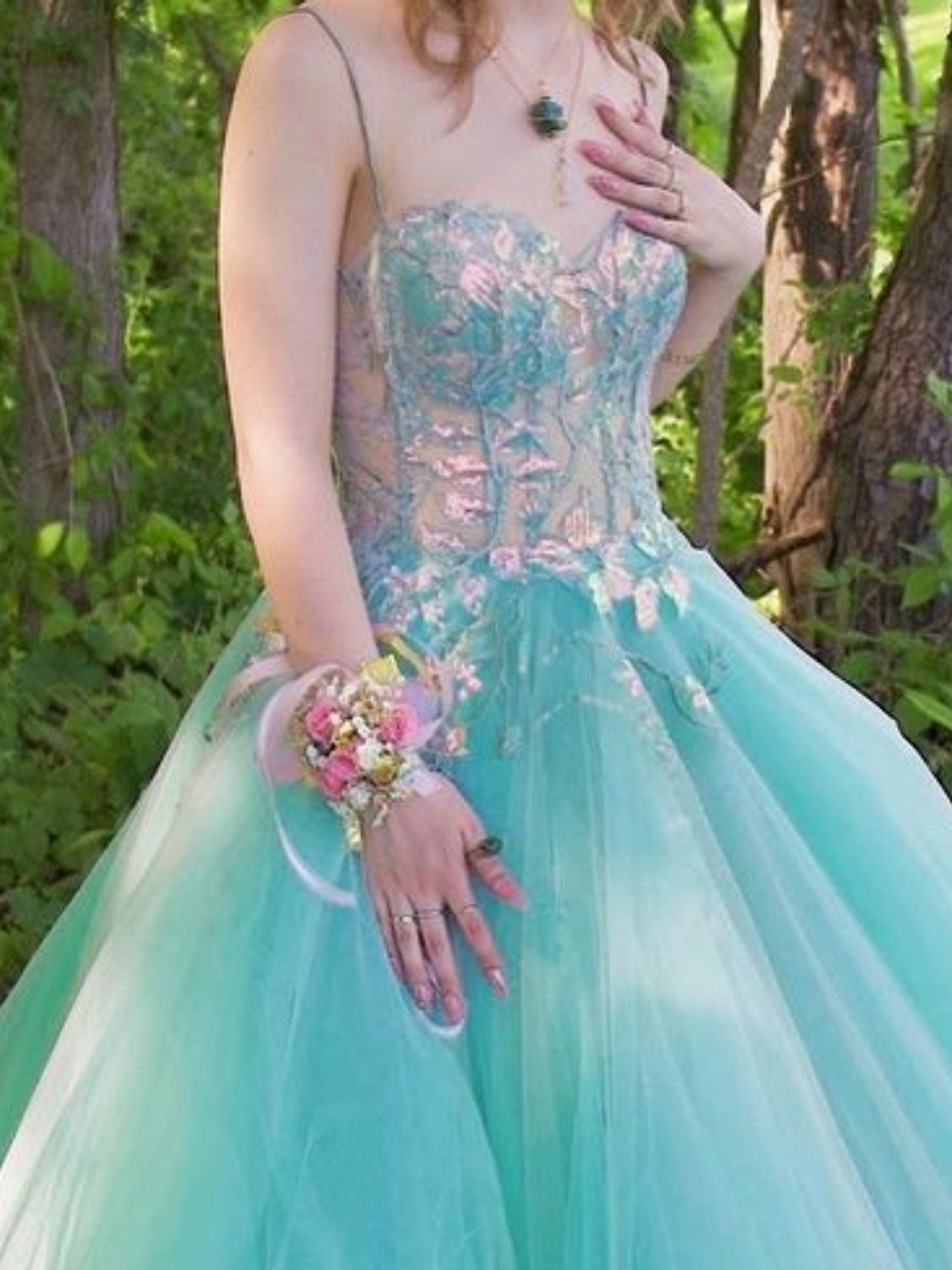 Green sweetheart neck tulle lace long prom dress, green formal dress