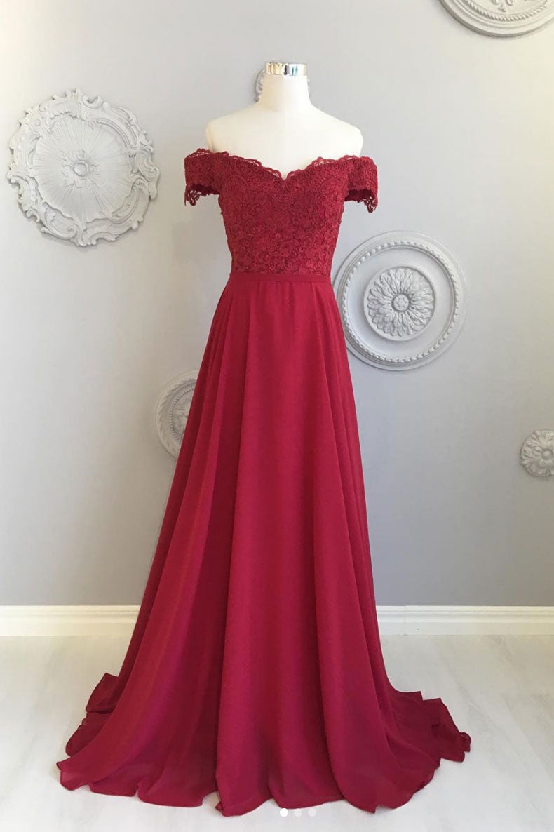 Burgundy lace long prom dress, burgundy bridesmaid dress