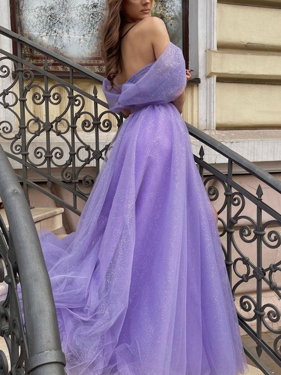 Purple off shoulder tulle sequin long prom dress, purple evening dress