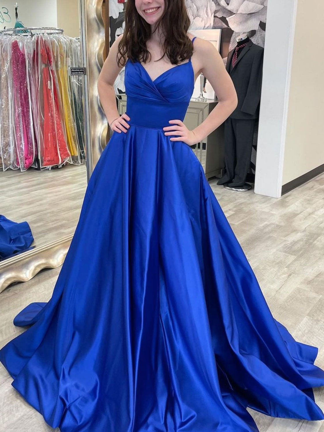long blue prom dress Simple v neck satin dress, blue formal Strapless Color Indian Latest Gown For Make A Prom Dresses Online Print:C63