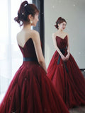 A line burgundy tulle long prom dress, burgundy evening dress