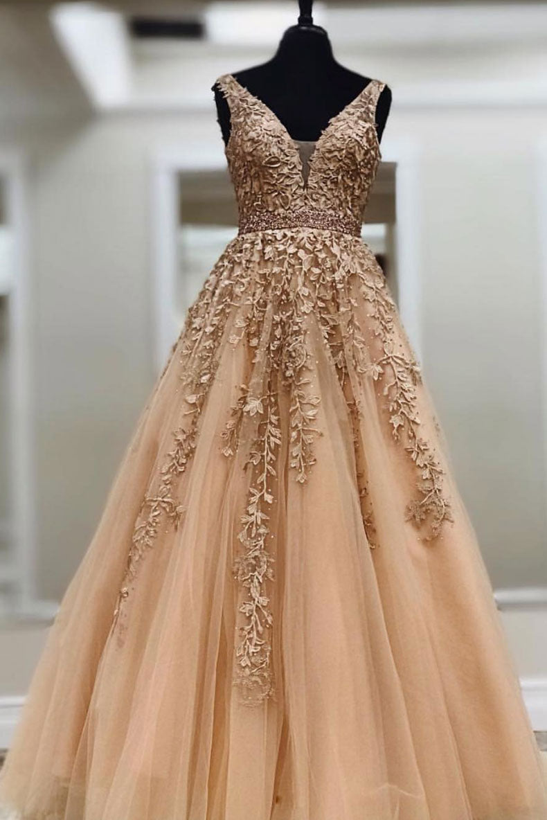 Champagne lace v neck tulle long prom dress, tulle evening dress