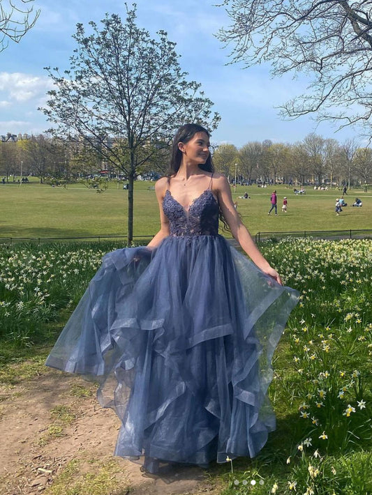 Gray blue v neck tulle lace long prom dress blue formal dress