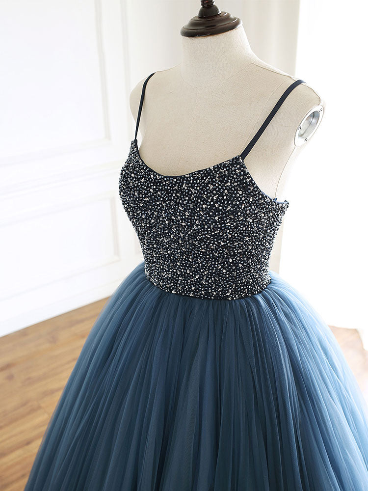 Blue tulle sequin long prom dress, blue tulle long evening dress