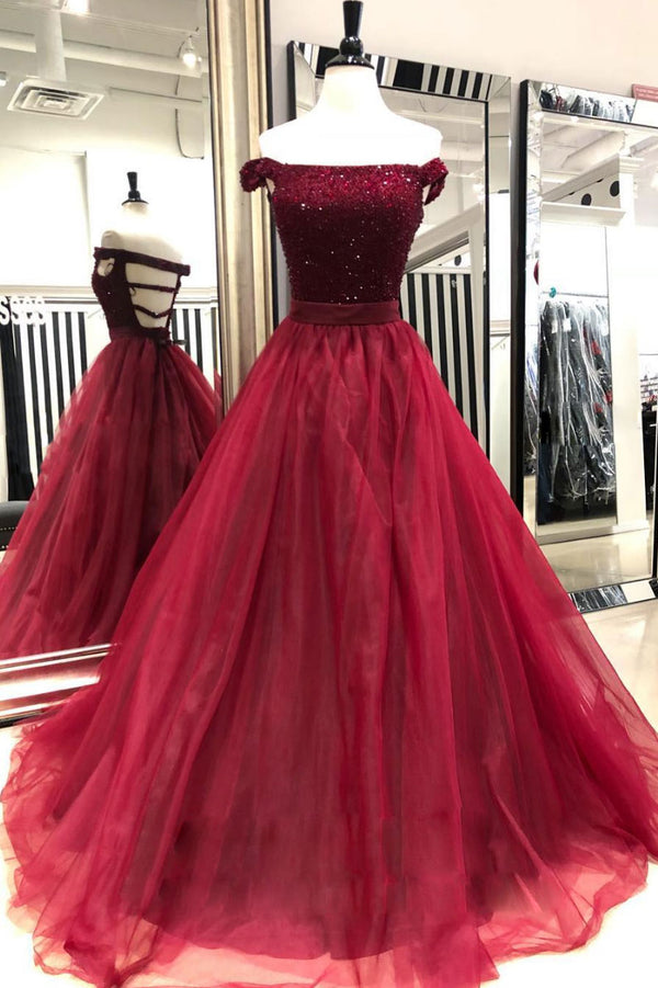 Burgundy sequin beads tulle long prom dress, burgundy tulle evening dress