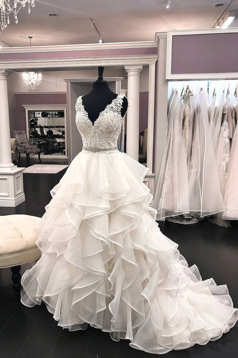 White v neck tulle lace long prom dress, white tulle lace wedding dress