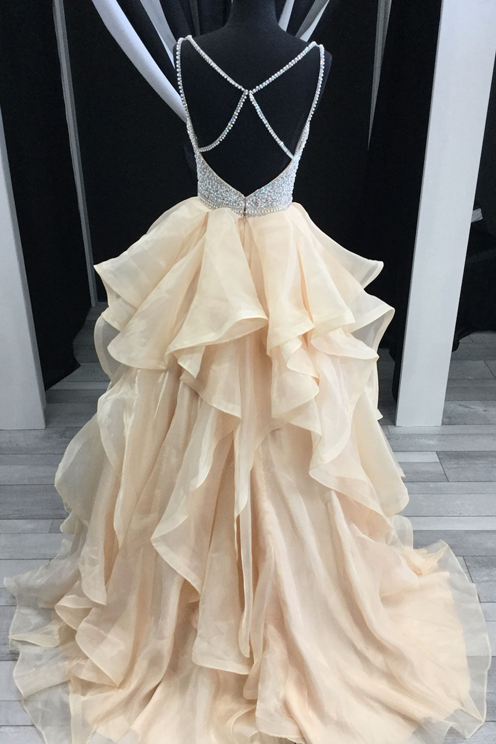 Champagne sweetheart beads tulle long prom dress, evening dress