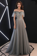 Gray tulle lace long prom dress, gray lace evening dress